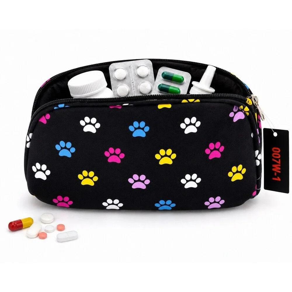 Travel Medicine Bag Pill Organizer Case Cosmetic Makeup Pouch Black Paw Print